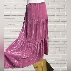 Pink Crushed Velvet Tiered Midi Skirt Boho Romantic Gypsy Cottagecore Size 4
